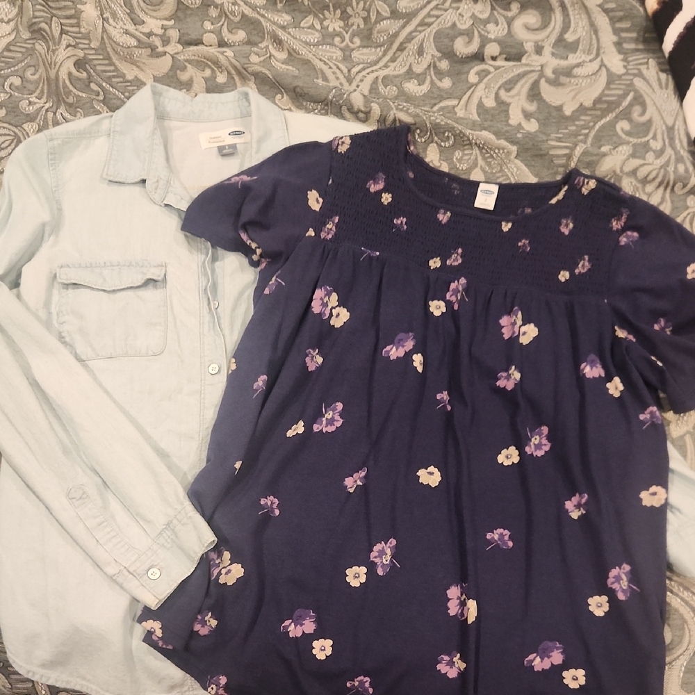 Old Navy Light Blue Shirt and Navy Floral Top